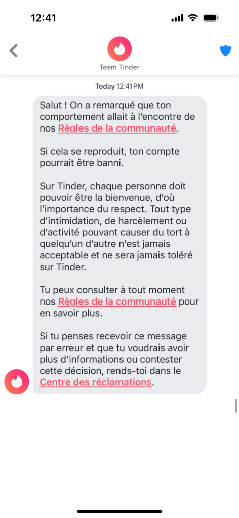 message avertissement tinder